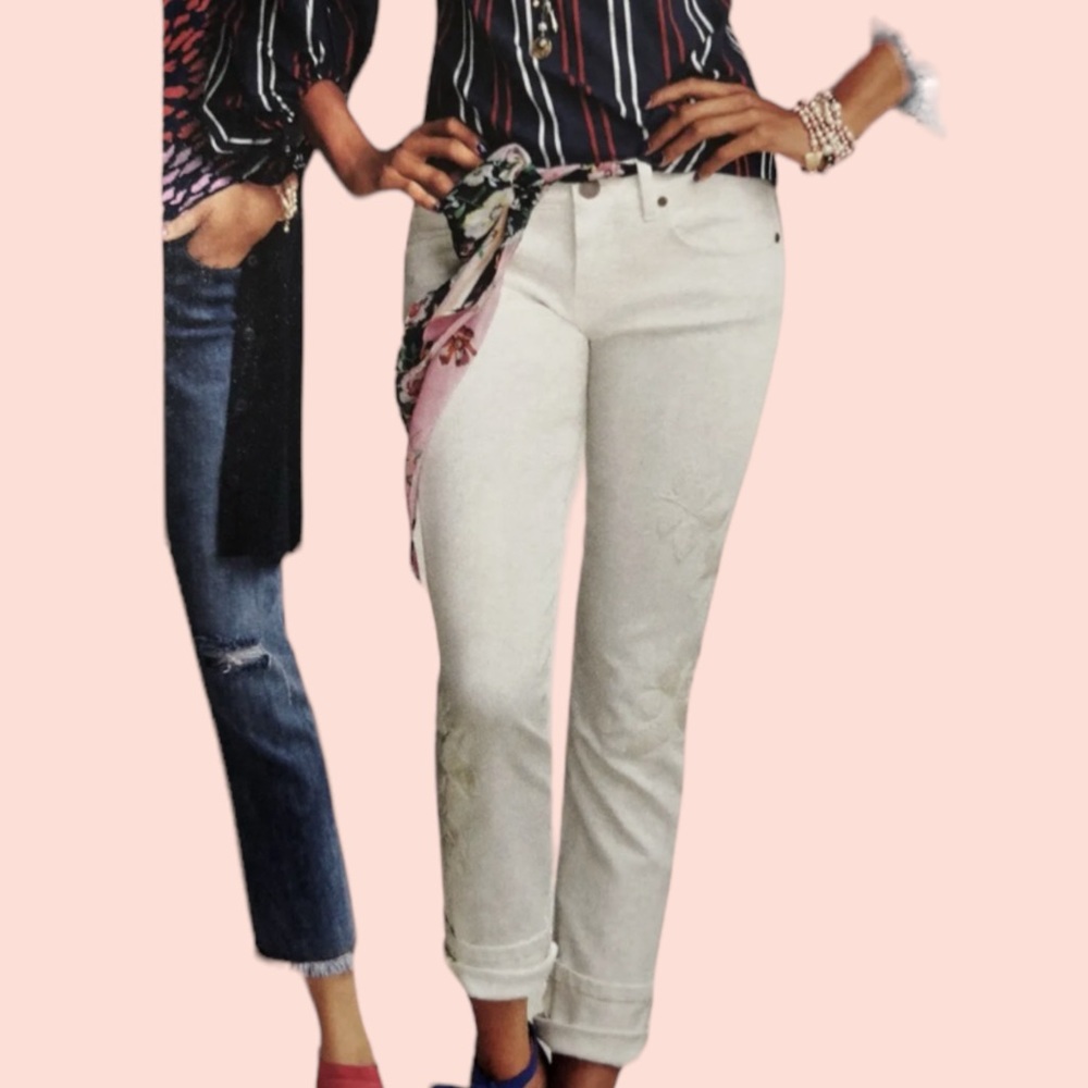 CAbi White "Woodstock" Slim Boyfriend Jean with Tone on Tone Embroidery 5490